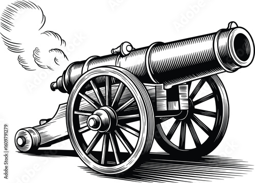 Vintage Cannon Illustration, Historic Artillery Gun Drawing for Military and War Decor.

