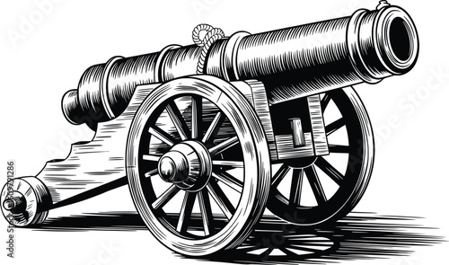 Vintage Cannon Illustration, Historic Artillery Gun Drawing for Military and War Decor.

