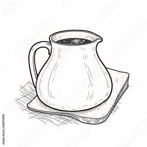Vintage pitcher filled with liquid on a decorative napkin  