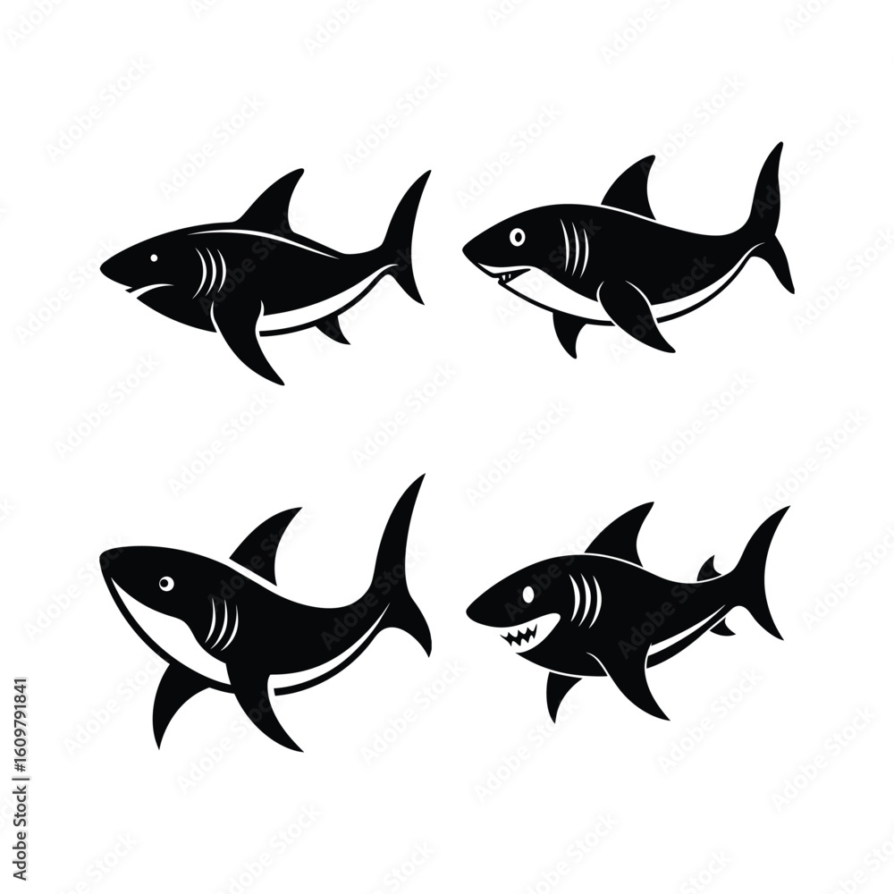 Fototapeta premium Black shark set of vector art illustration