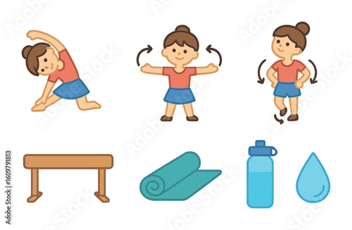 Kids' Dance Warm-Up Icons. Flat vector mini-illustrations Dance warm-up routine in colors children's