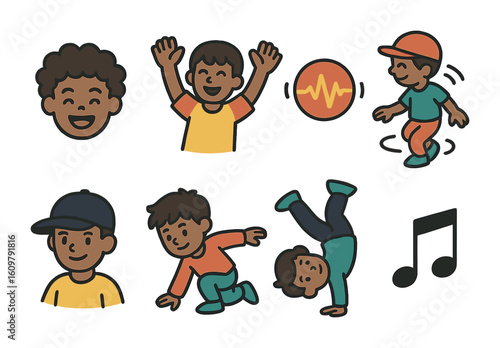 Freestyle Dance Icons. Flat vector mini-illustrations Freestyle dance expressions in colors children's