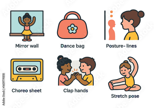 Children's Dance Icons. Flat vector mini-illustrations Children’s dance rehearsal in colors children's