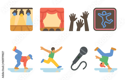 Urban Dance Showdown. Flat vector mini-illustrations Urban dance on stage in colors children's illustrations: