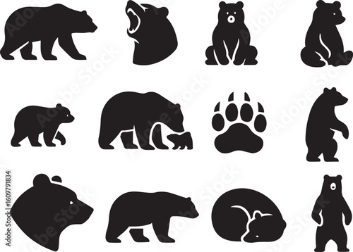 Bear Silhouette Icon Set – Walking Grizzly, Roaring Bear, Cub, Paw Print, Polar Bear, Profile Head – Wildlife Vector Icons Pack