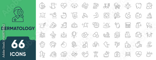 Dermatology Line Icon Set. Set of 66 outline icons featuring skin care, acne, eczema, rashes, treatments, dermatological tools, beauty, and skin health. Editable stroke. Linear vector illustration.