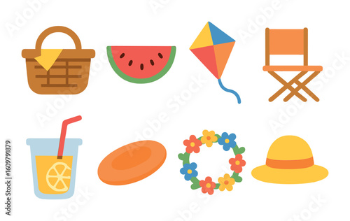 Picnic Icons Collection. Flat vector mini-illustrations Family picnic and outdoor festivals in colors children