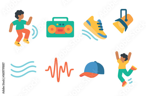 Freestyle Dance Icons. Flat vector mini-illustrations Freestyle dance and improvisation in colors children's