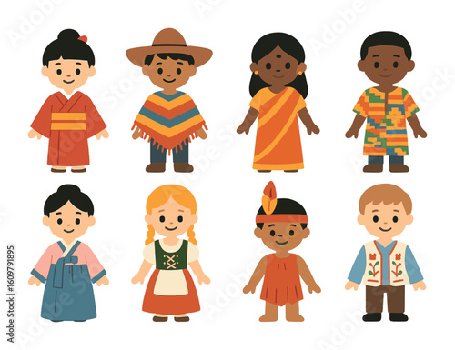 Cultural Dress Day Icons. Flat vector mini-illustrations Cultural dress day at school in colors children's
