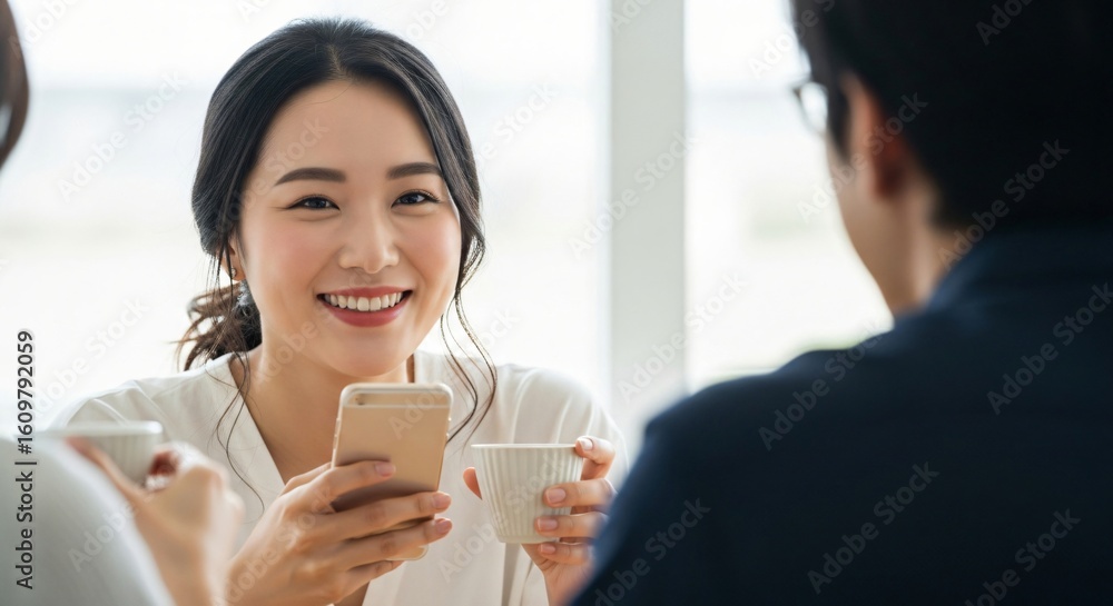 Joyful woman with coffee and phone connects with colleagues in a bright modern office space Joyful woman with coffee and phone connects with colleagues in a bright modern office space