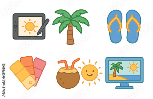 Tropical Art Tools. Flat vector mini-illustrations creative work under palm trees in colors children's