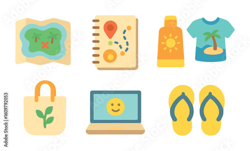 Island Freelancer Essentials. Flat vector mini-illustrations island freelancer essentials in colors children's