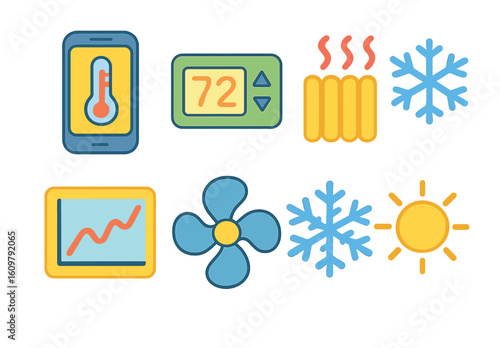 Temperature Control Icons. Flat vector mini-illustrations adjusting temperature via app in colors children's