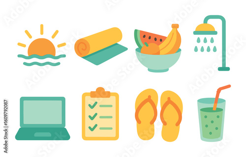 Tropical Morning Icons. Flat vector mini-illustrations tropical morning routine in colors children's