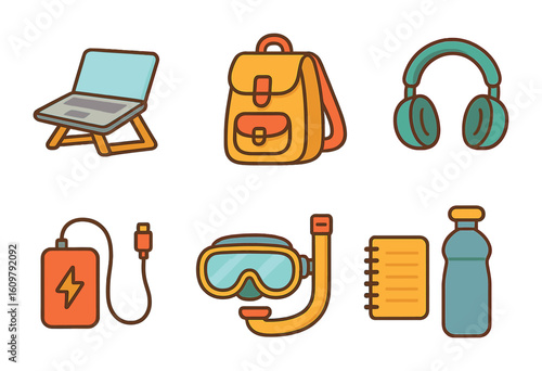Digital Nomad Gear. Flat vector mini-illustrations digital nomad beach gear in colors children's illustrations