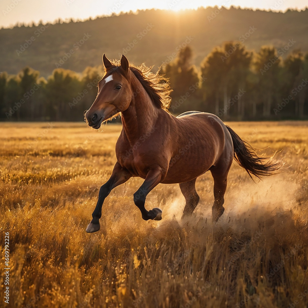 Obraz premium Brown horse galloping through a golden field at sunset with motion blur in the background, capturing energy, freedom, and grace in a dynamic and dramatic composition.