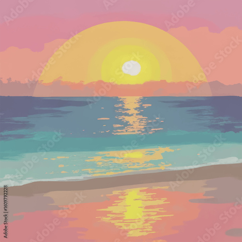 Colorful sunset over calm ocean waves with reflections on sand  