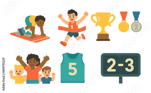 Child Sports Icons. Flat vector mini-illustrations Competitive sports moments in colors children's