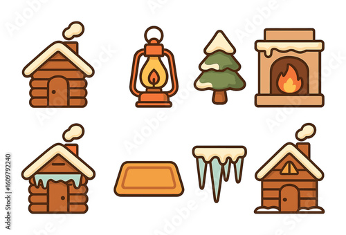 Cozy Winter Cabins Icons. Flat vector mini-illustrations cozy winter cabins in colors children's illustrations