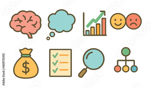 Behavioral Finance Icons. Flat vector mini-illustrations Behavioral finance in colors children's illustrations