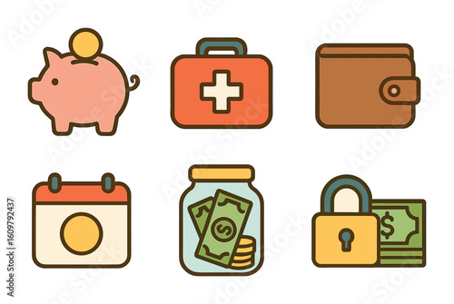 Emergency Savings Icons. Flat vector mini-illustrations Emergency funds and savings in colors children's