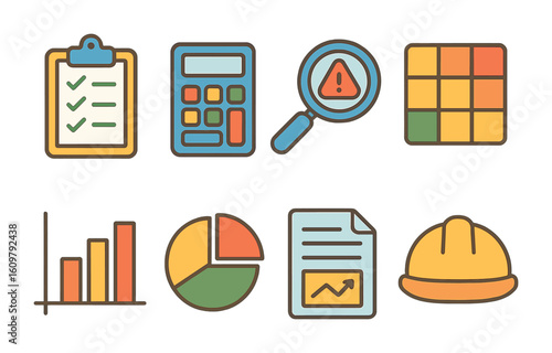 Colorful Risk Tools. Flat vector mini-illustrations Risk assessment tools in colors children's illustrations: