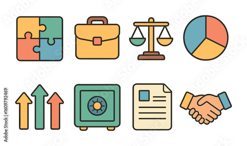 Colorful Diversification Icons. Flat vector mini-illustrations Diversification strategies in colors children's