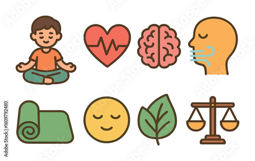 Mind-Body Fitness Icons. Flat vector mini-illustrations Mind-body connection in fitness in colors children's