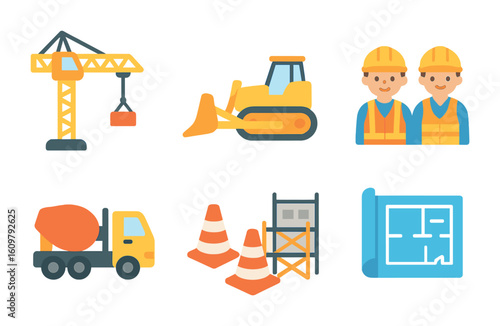 City Under Construction. Flat vector mini-illustrations City construction and development in colors children's