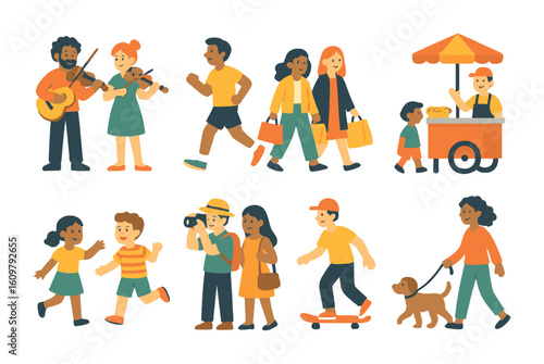 Vibrant City Icons. Flat vector mini-illustrations People enjoying city life in colors children's