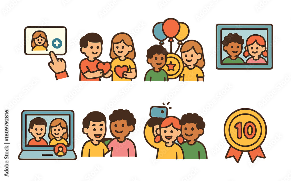 Social Media Friend Milestones. Flat vector mini-illustrations Social media friendship milestones in colors Social Media Friend Milestones. Flat vector mini-illustrations Social media friendship milestones in colors