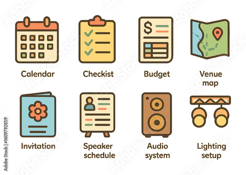Event Planning Icons. Flat vector mini-illustrations Corporate event planning tools in colors children's