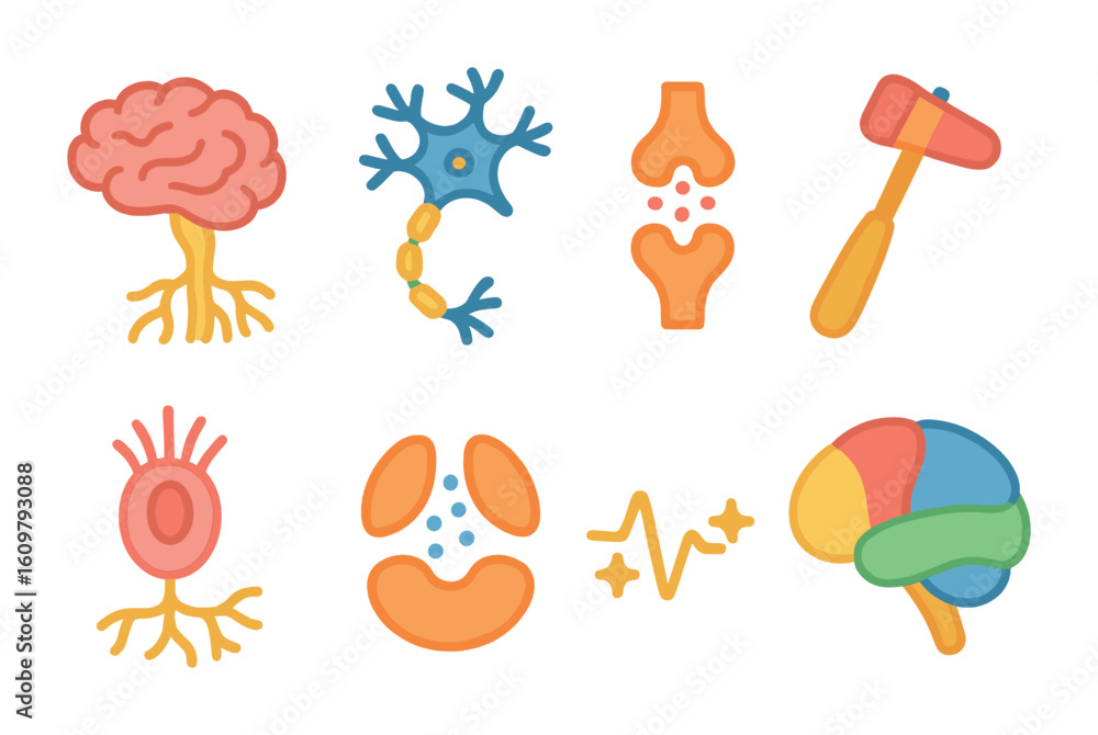 Naklejka premium Nervous System Icons. Flat vector mini-illustrations Brain and nervous system connections in colors children's