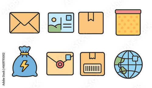 Colorful Mail Icons. Flat vector mini-illustrations mail and package types in colors children's illustrations: