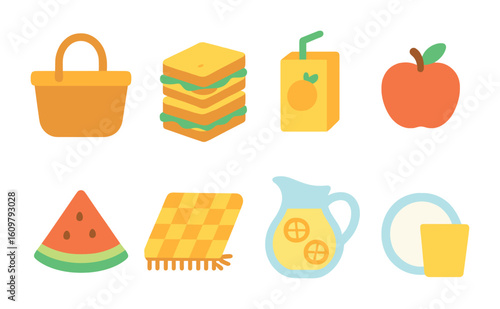 Summer Picnic Icons. Flat vector mini-illustrations Summer picnic items in colors children's illustrations: