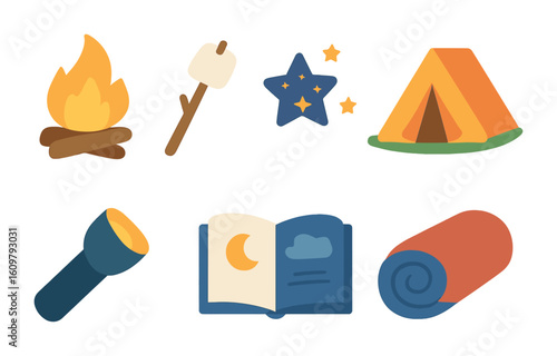 Campfire Storytime Icons. Flat vector mini-illustrations Evening campfire stories in colors children's