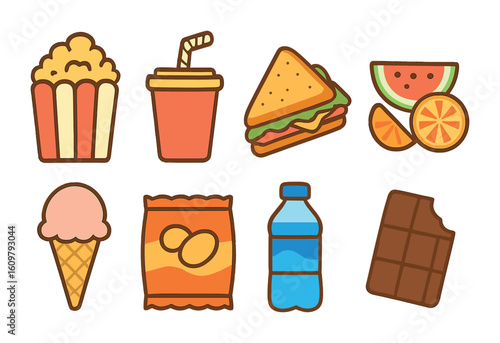 Road Trip Snacks. Flat vector mini-illustrations Road trip snacks and treats in colors children's