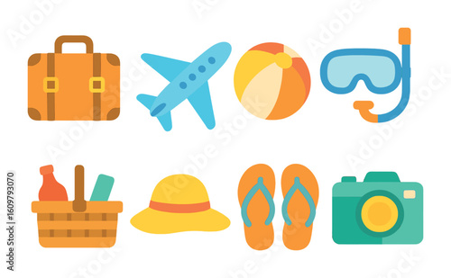 Family Vacation Icons. Flat vector mini-illustrations Family vacation fun in colors children's illustrations: