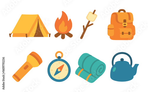 Summer Camping Kit. Flat vector mini-illustrations Summer camping essentials in colors children's