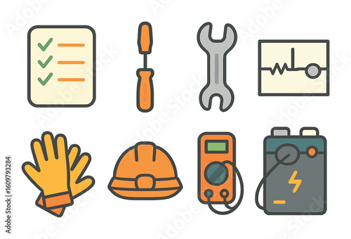 Power Setup Checklist. Flat vector mini-illustrations Temporary power setup checklist in colors children's