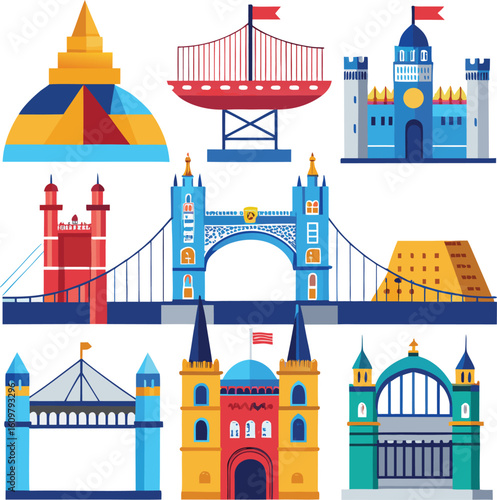 Collection of colorful flat design iconic bridges and buildings architecture landmark