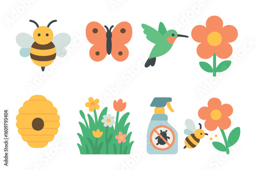 Pollination Icons Grid. Flat vector mini-illustrations pollinators and their decline in colors children's