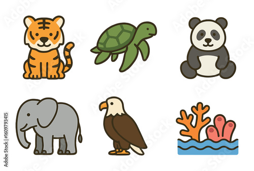 Endangered Species Icons. Flat vector mini-illustrations endangered species protection in colors children's