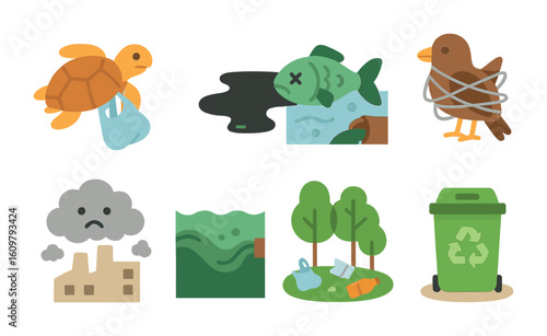 Pollution Impact on Wildlife. Flat vector mini-illustrations effects of pollution on wildlife in colors