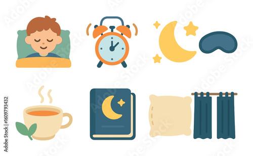 Children's Sleep Routine Icons. Flat vector mini-illustrations Healthy sleep habits promotion in colors
