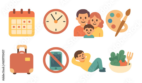 Work-Life Balance Icons. Flat vector mini-illustrations Work-life balance tips in colors children's