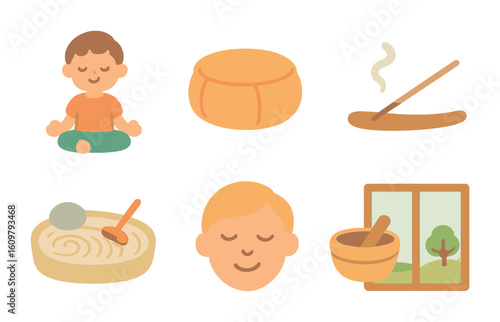 Mindful Moments Icons. Flat vector mini-illustrations Mindfulness and meditation breaks in colors children's