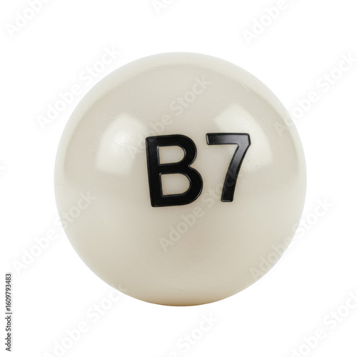 Perfectly spherical, glossy, translucent white plastic bingo ball with bold black 'B7' number, isolated against a pure, transparent background with perfectly diffused softbox lighting, ultra