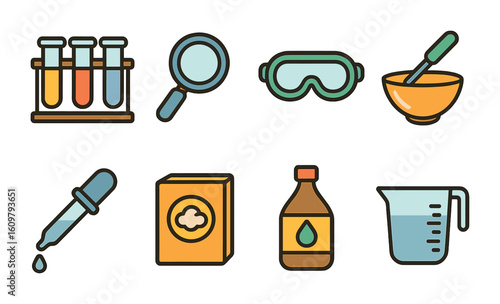 Kids' Science Fun. Flat vector mini-illustrations Kids’ science and craft experiments in colors children's