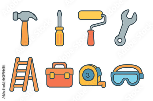 Home DIY Tools Grid. Flat vector mini-illustrations Home DIY activities in colors children's illustrations: